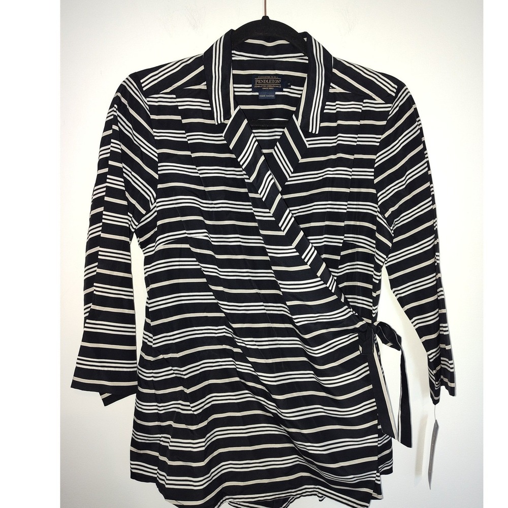 Pendleton Silk Cotton Striped Wrap Top Black White Tan TM111-69317 Womens M